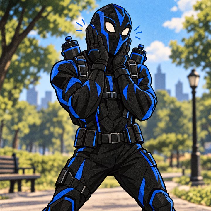 Fourth-Wall Mercenary in a black and blue suit