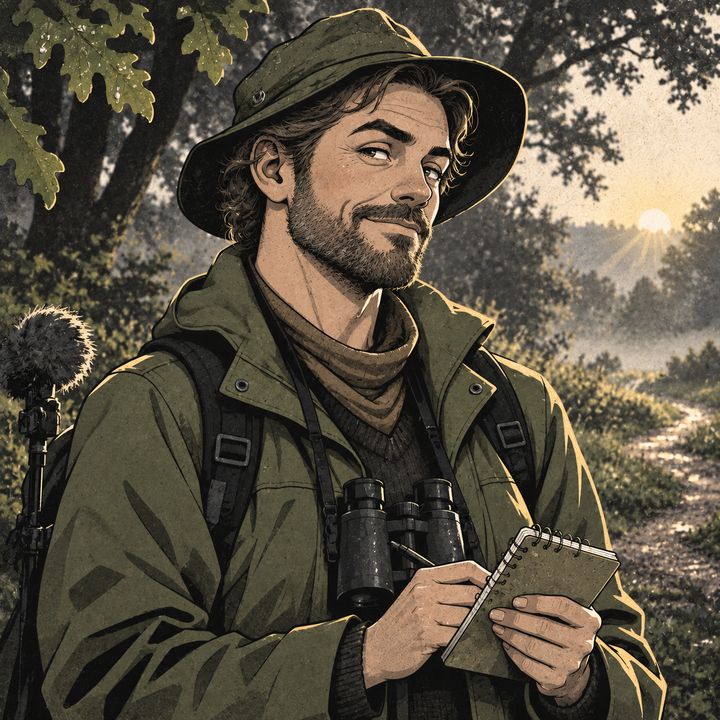 Nature Narrator with binoculars and a notebook