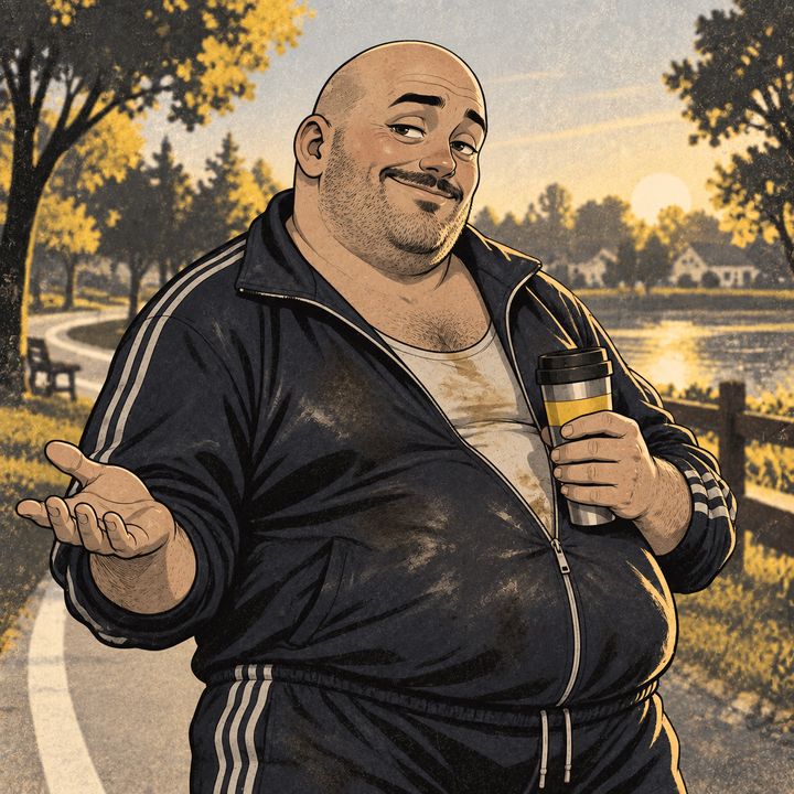 Reluctant Dad in a tracksuit with a coffee cup